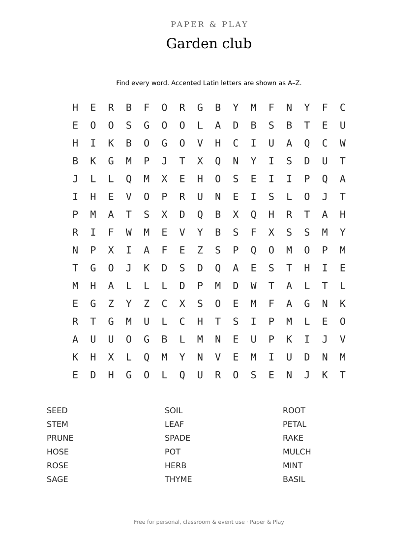 Garden club word search printable preview