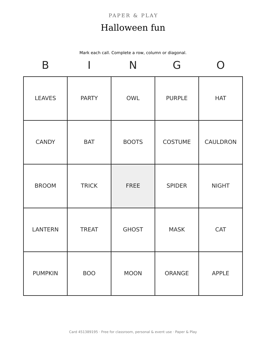 Halloween fun bingo printable preview