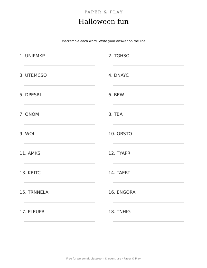 Halloween fun word scramble printable preview