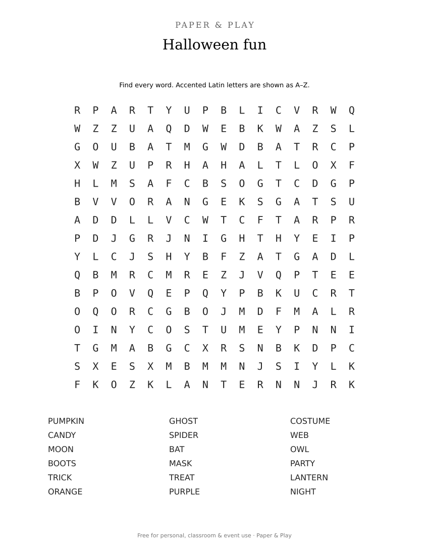 Halloween fun word search printable preview
