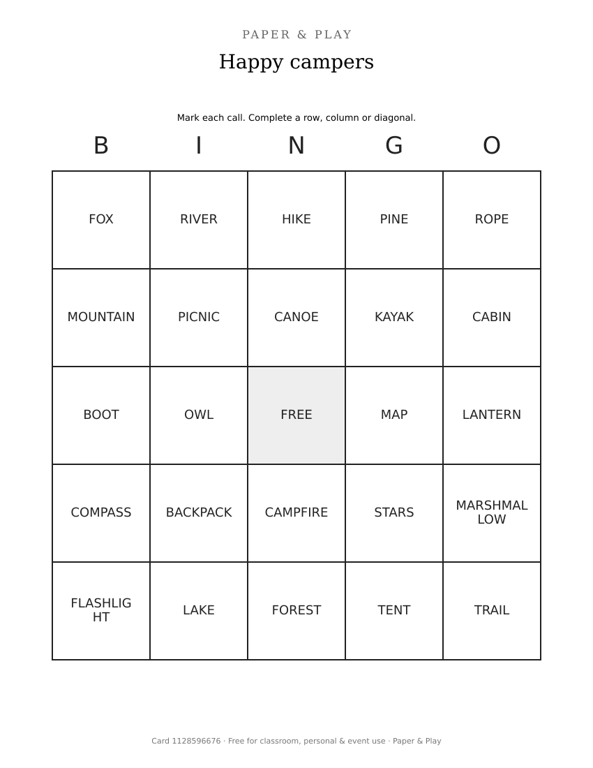 Happy campers bingo printable preview