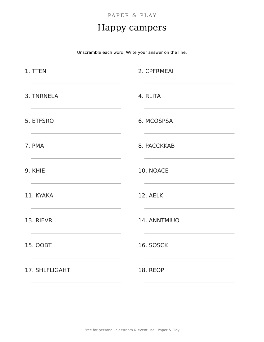 Happy campers word scramble printable preview