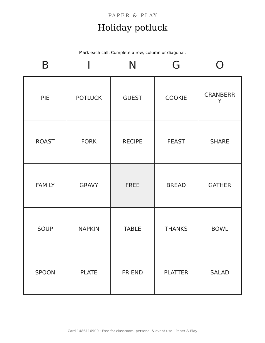 Holiday potluck bingo printable preview