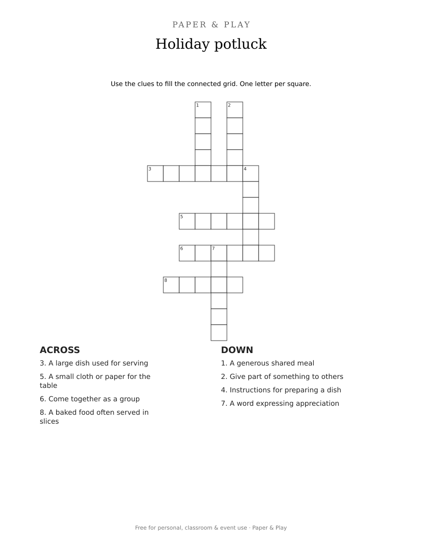 Holiday potluck crossword printable preview