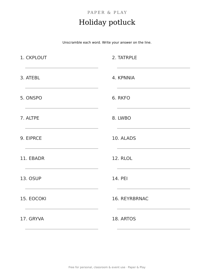 Holiday potluck word scramble printable preview