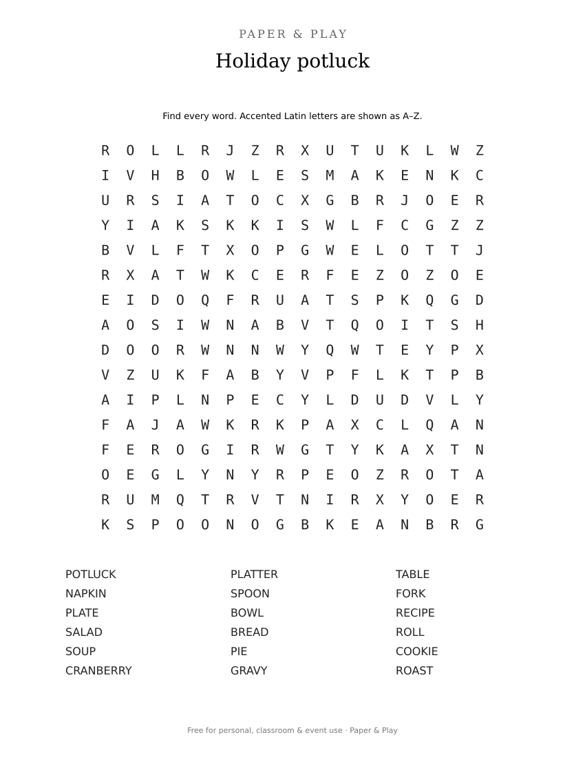 Holiday potluck word search printable preview