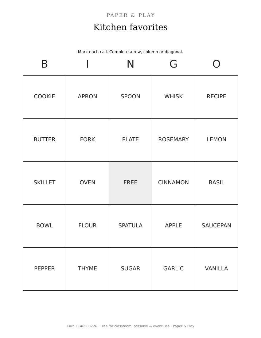 Kitchen favorites bingo printable preview