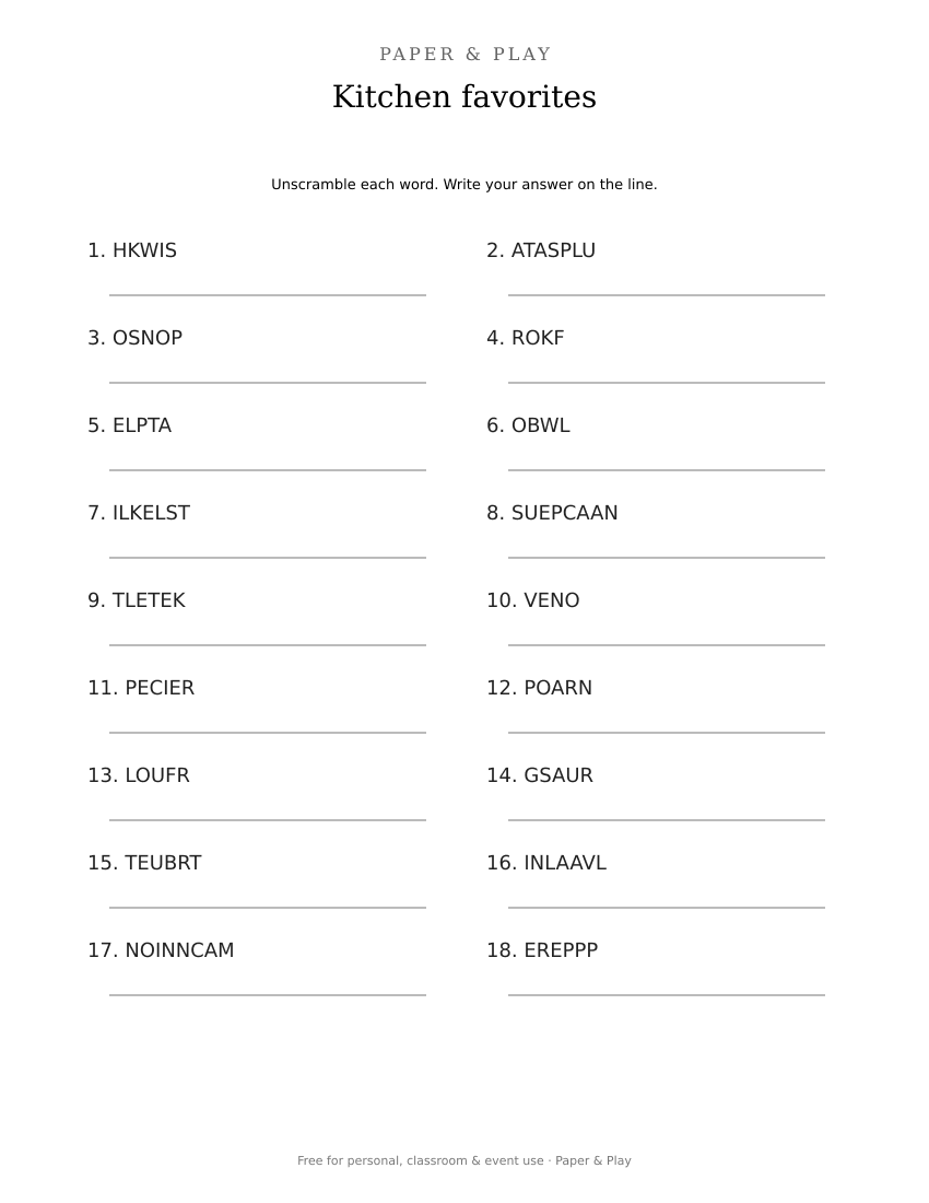 Kitchen favorites word scramble printable preview