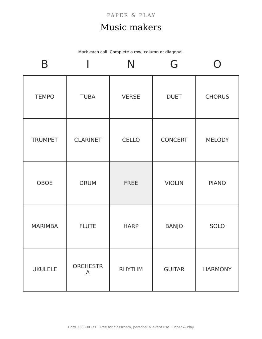 Music makers bingo printable preview