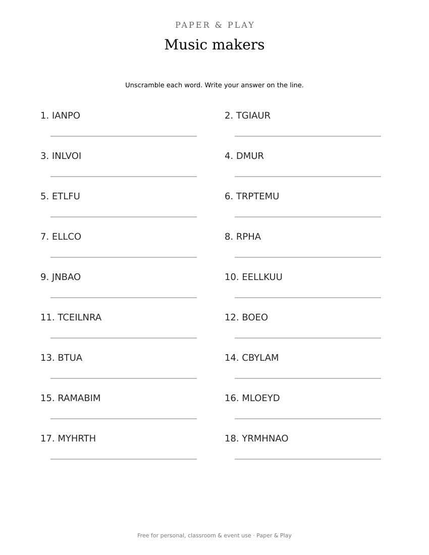 Music makers word scramble printable preview