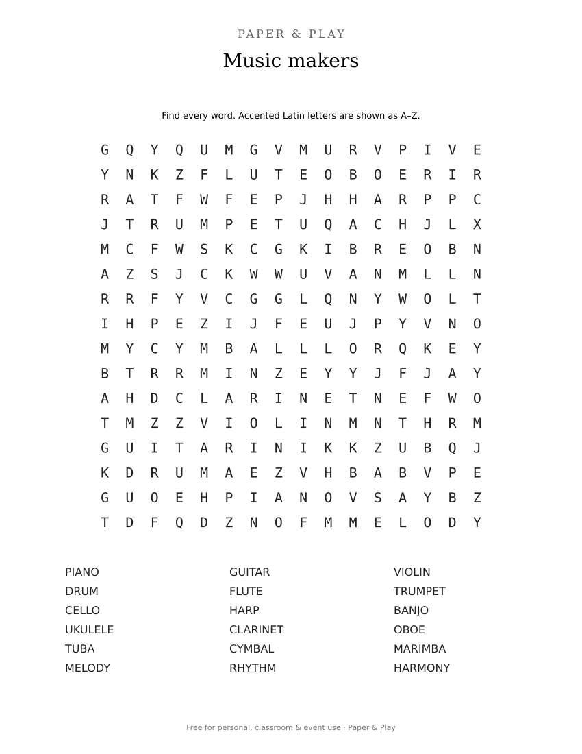 Music makers word search printable preview