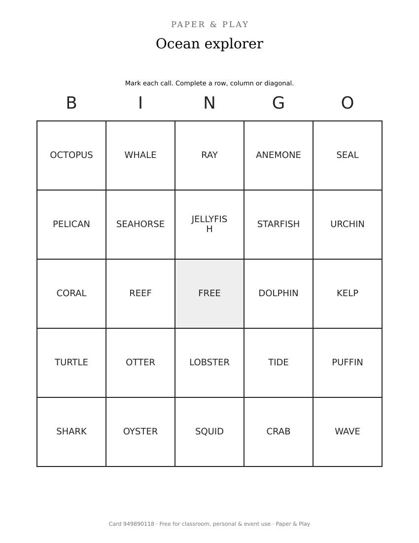 Ocean explorer bingo printable preview