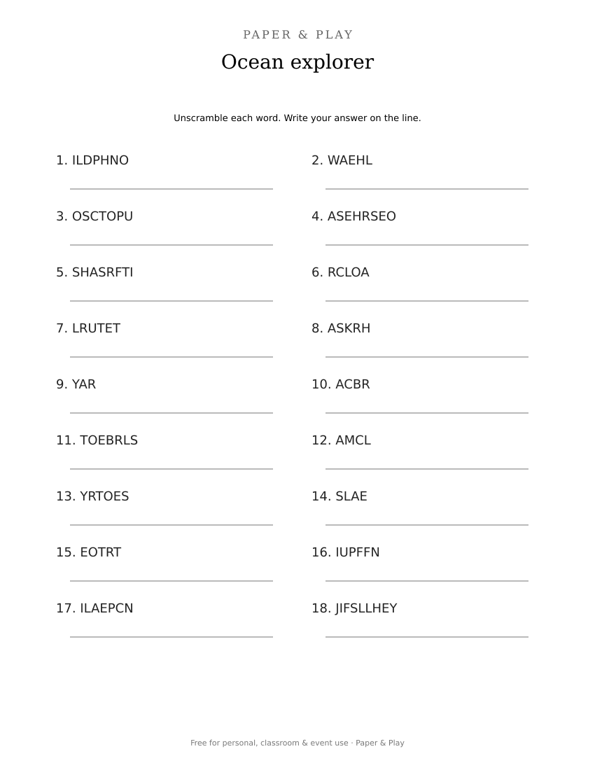 Ocean explorer word scramble printable preview