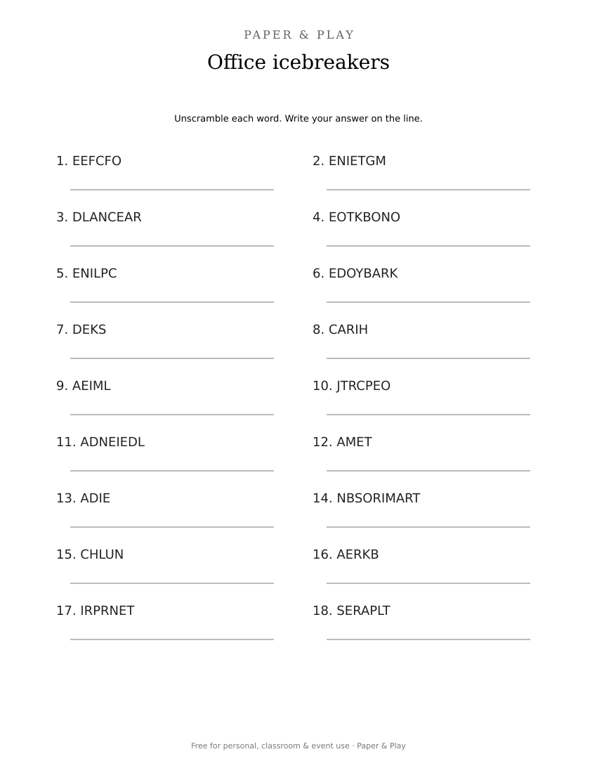 Office icebreakers word scramble printable preview