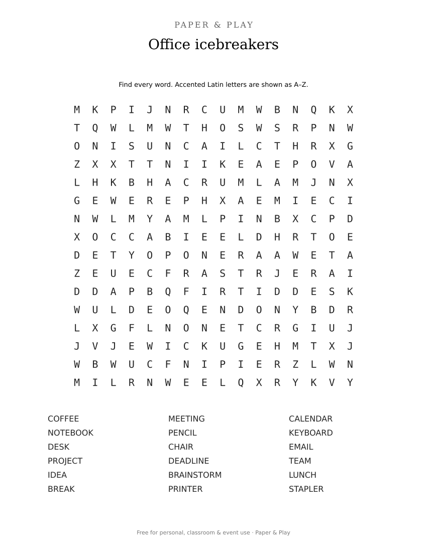 Office icebreakers word search printable preview