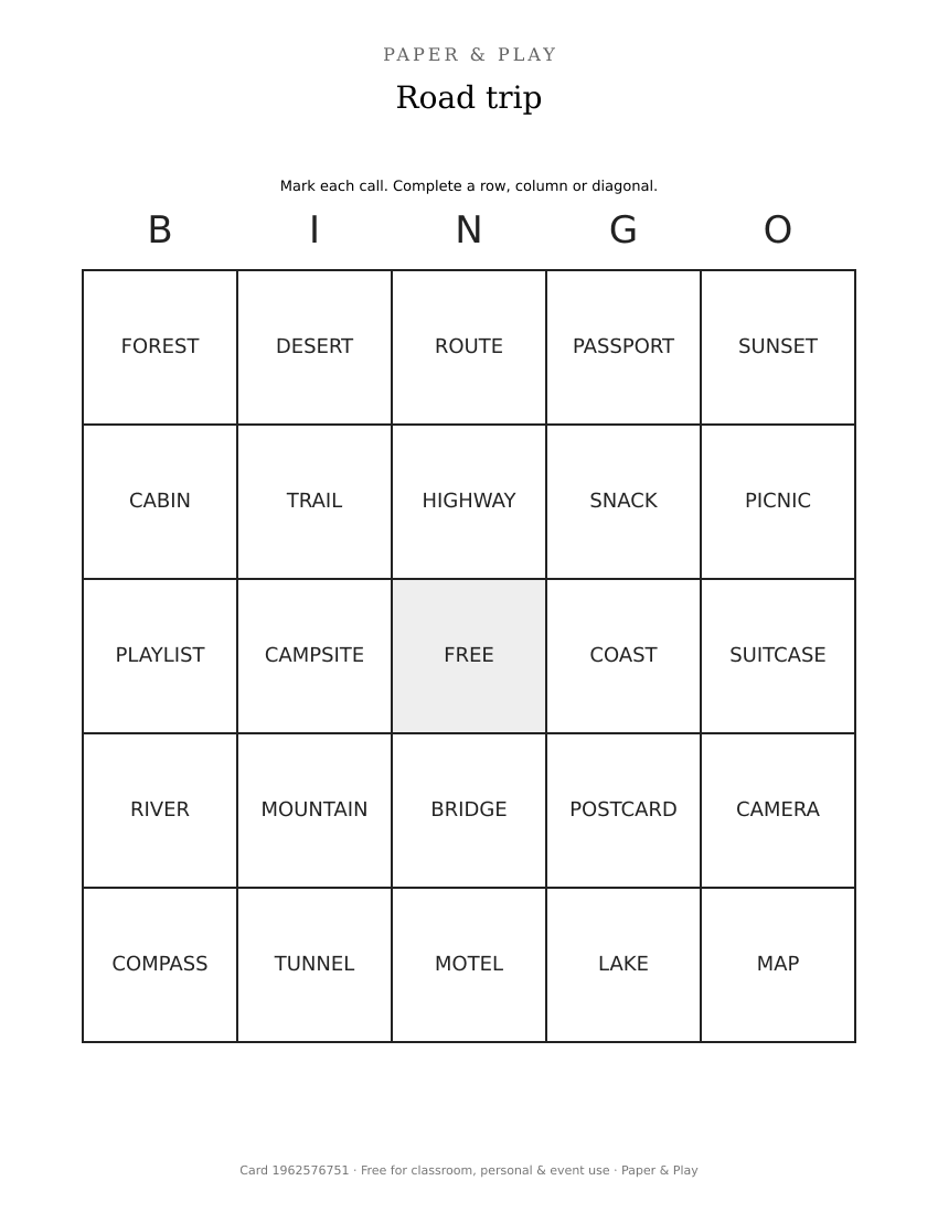 Road trip bingo printable preview