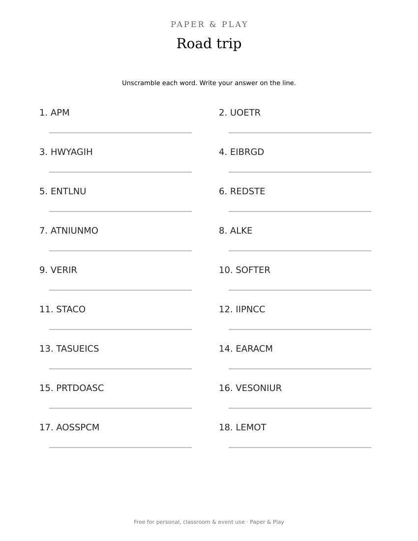 Road trip word scramble printable preview