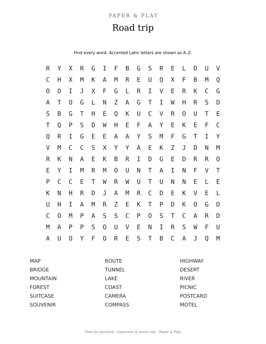 Road trip word search printable preview