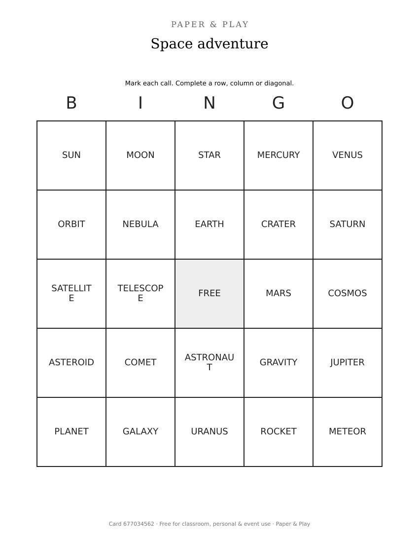 Space adventure bingo printable preview