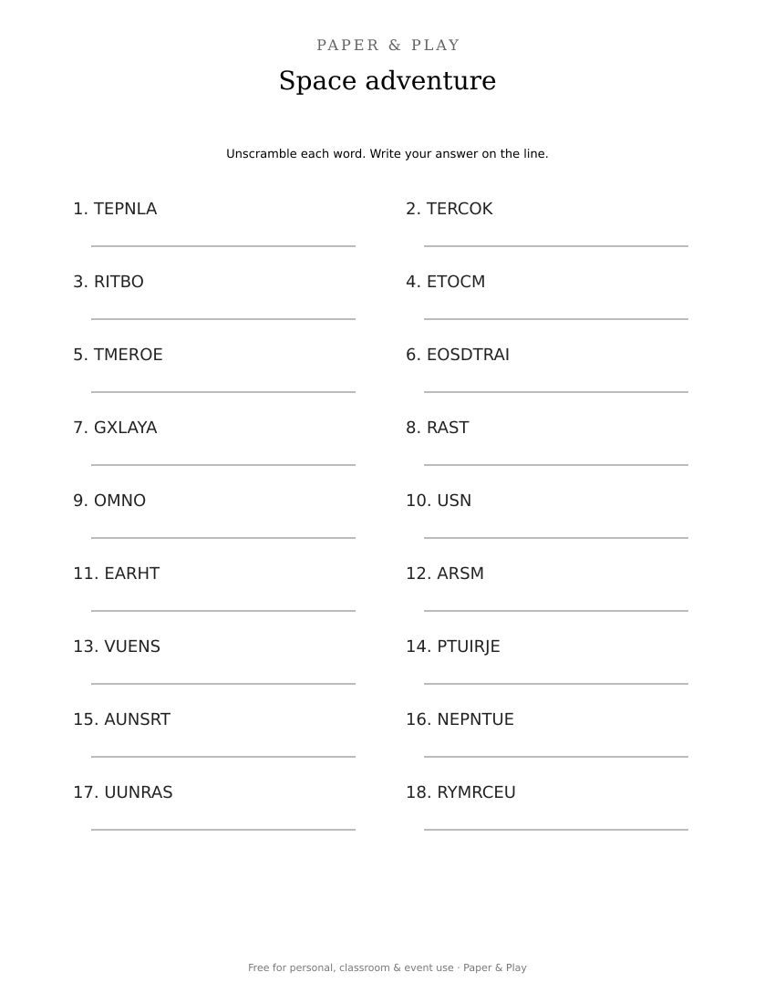 Space adventure word scramble printable preview
