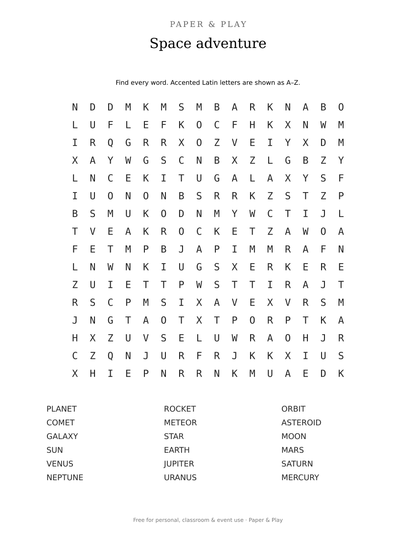 Space adventure word search printable preview