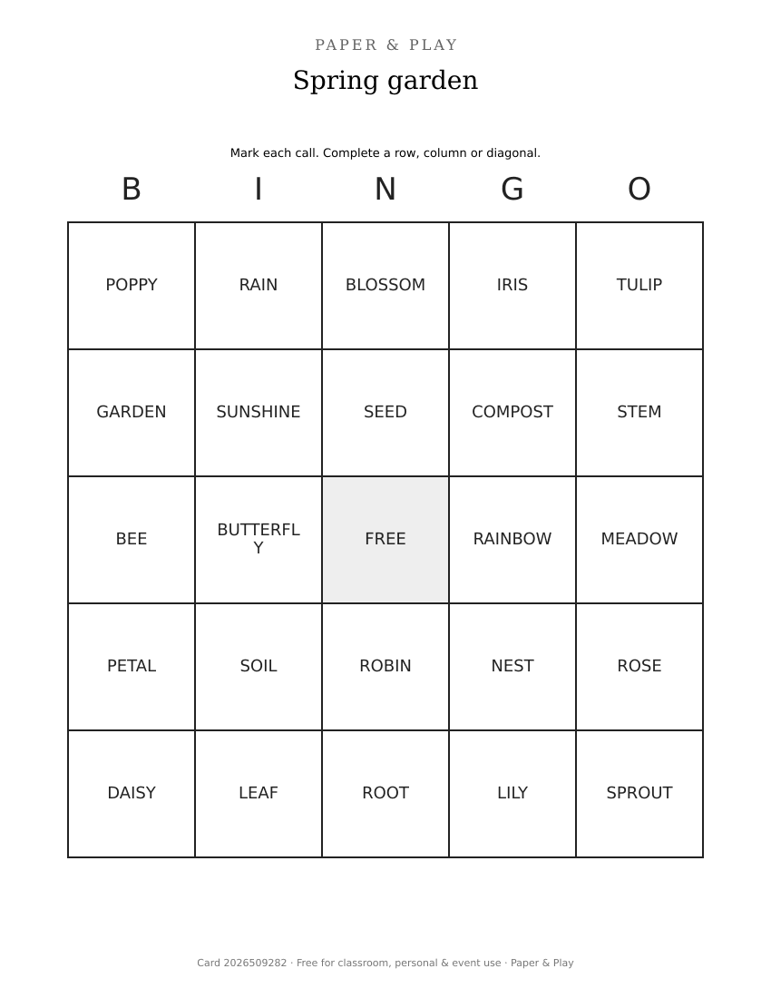 Spring garden bingo printable preview