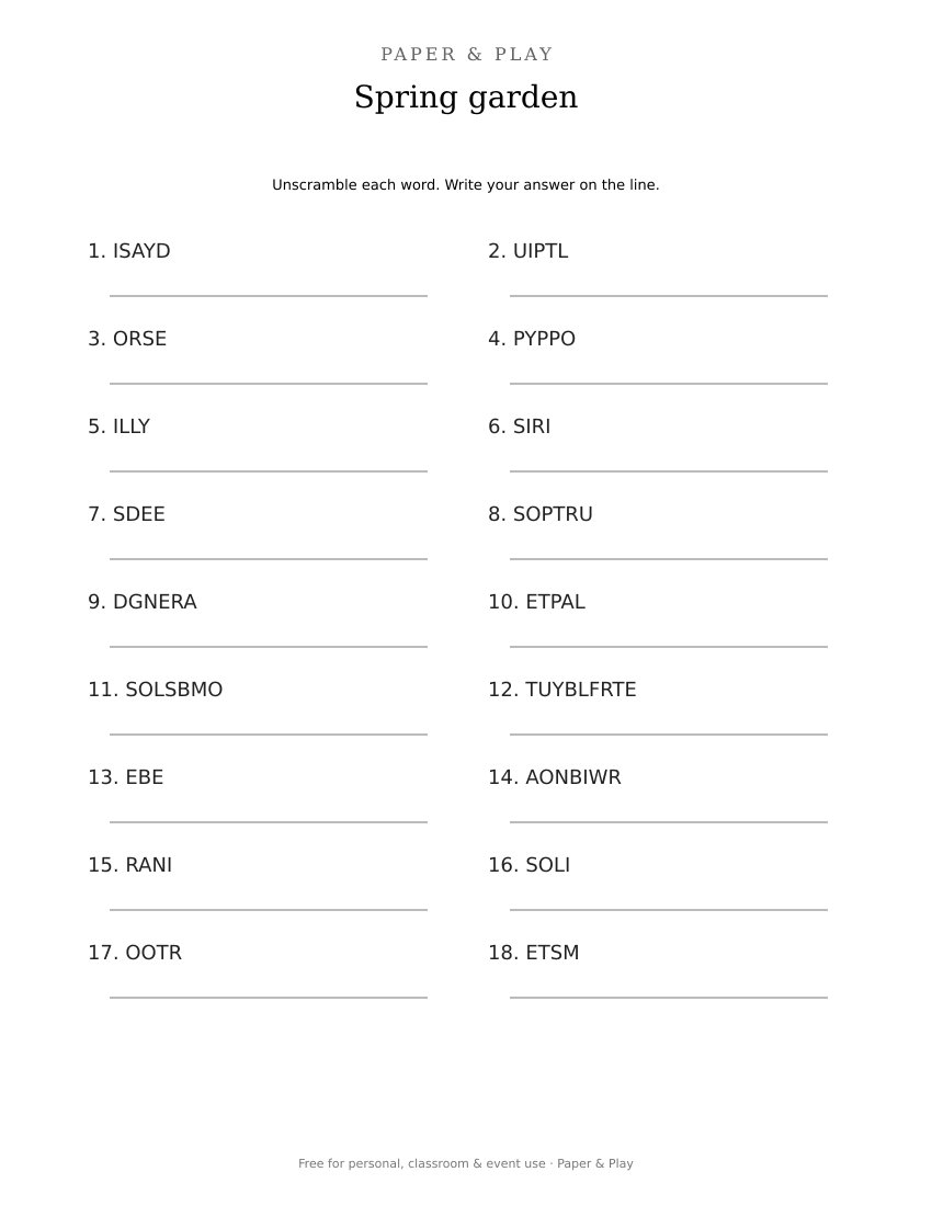 Spring garden word scramble printable preview