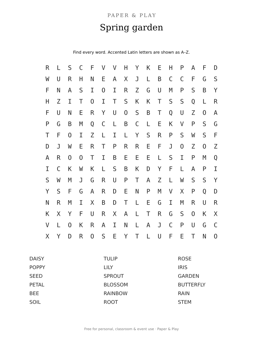 Spring garden word search printable preview