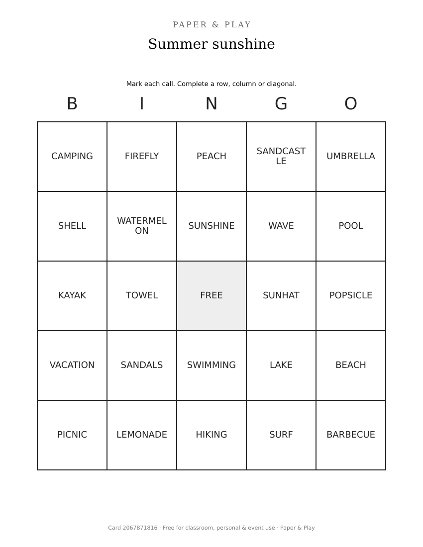 Summer sunshine bingo printable preview
