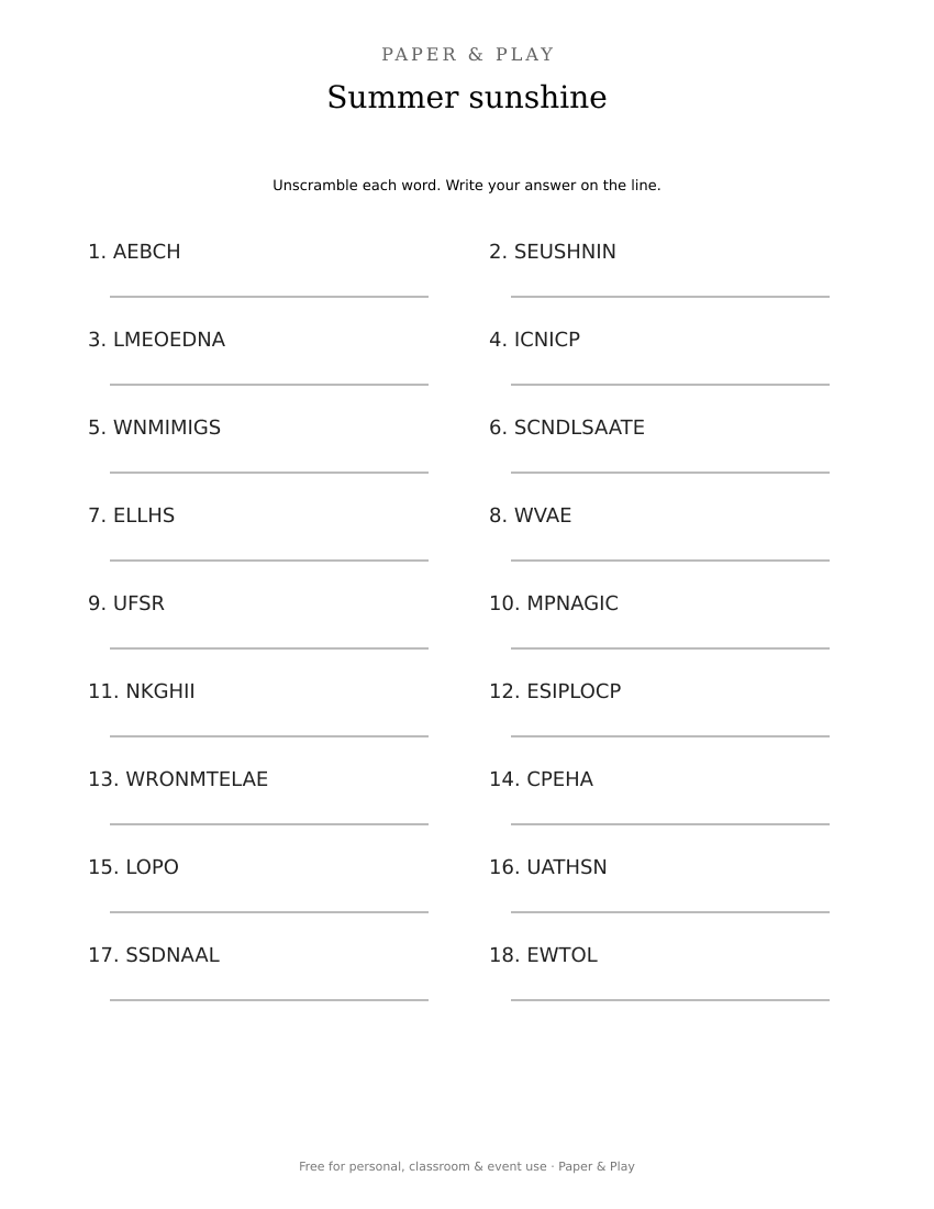 Summer sunshine word scramble printable preview