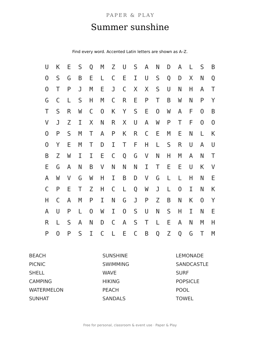 Summer sunshine word search printable preview