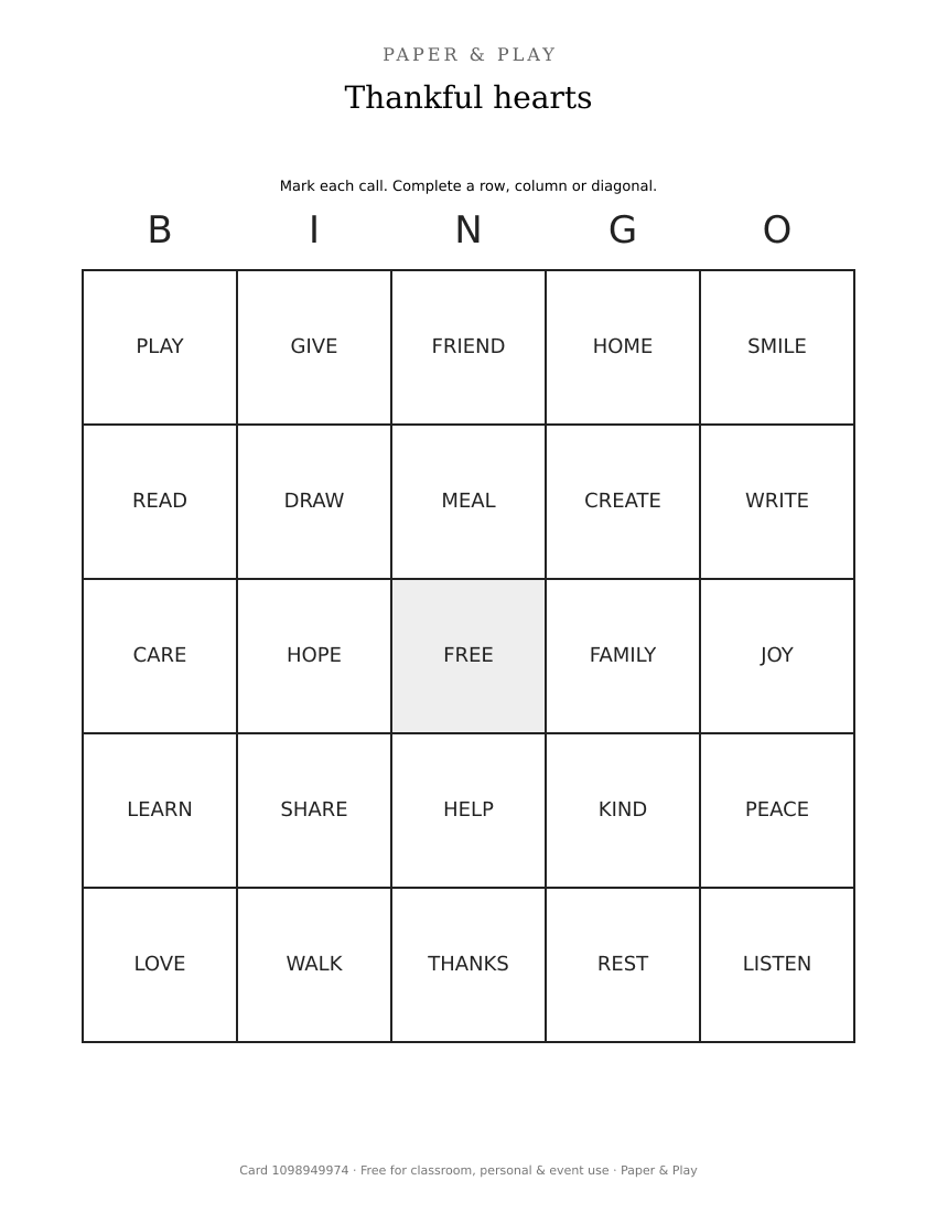 Thankful hearts bingo printable preview