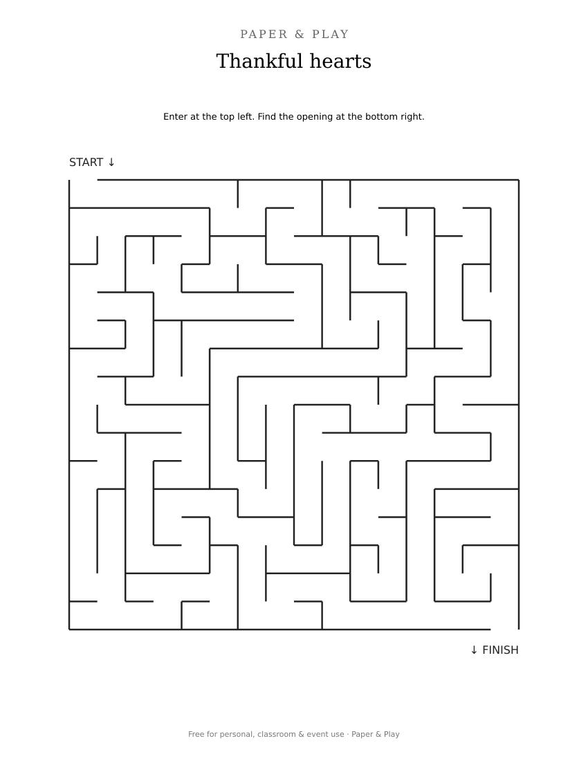 Thankful hearts maze printable preview