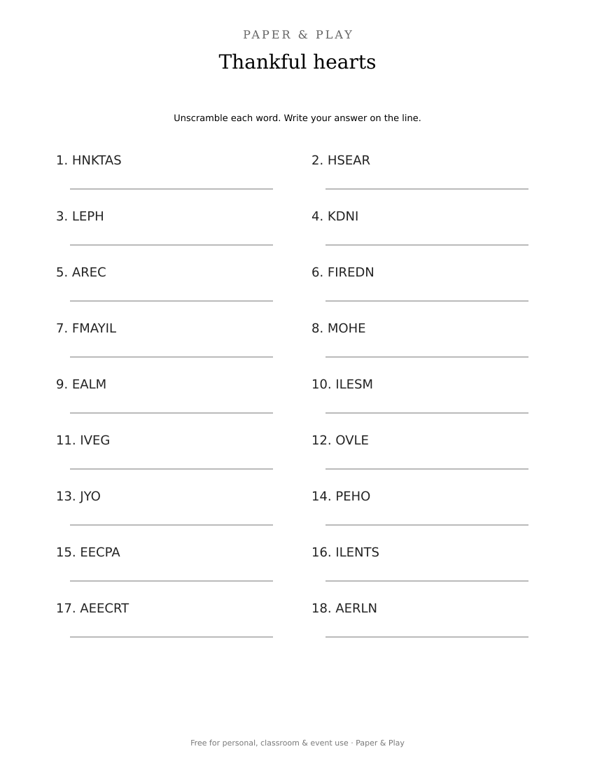 Thankful hearts word scramble printable preview