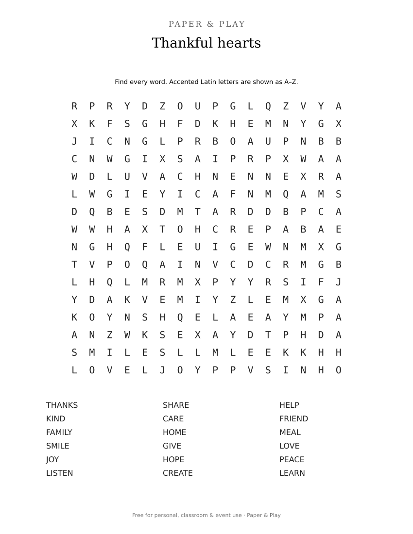 Thankful hearts word search printable preview