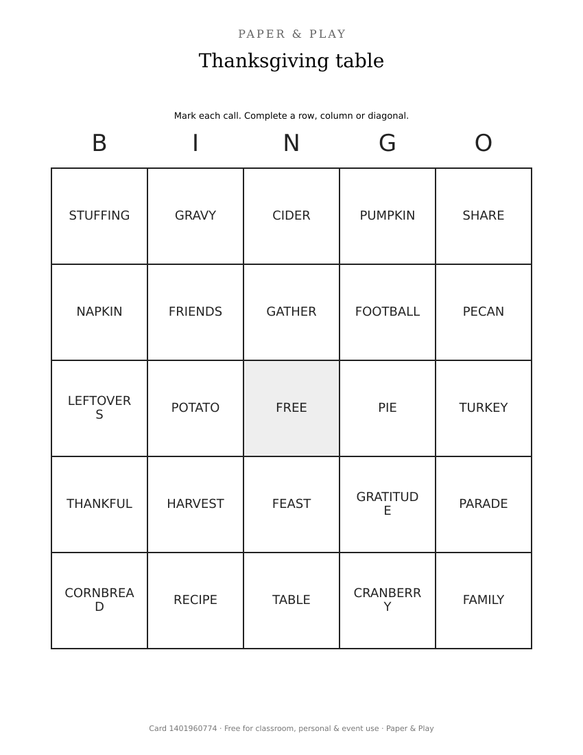 Thanksgiving table bingo printable preview