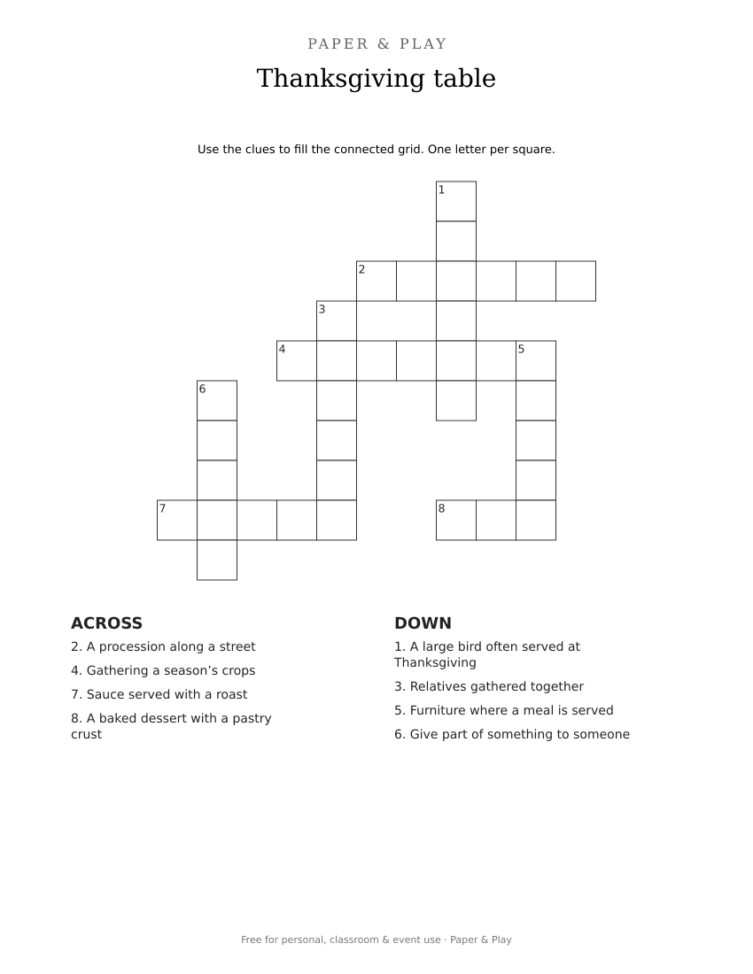 Thanksgiving table crossword printable preview