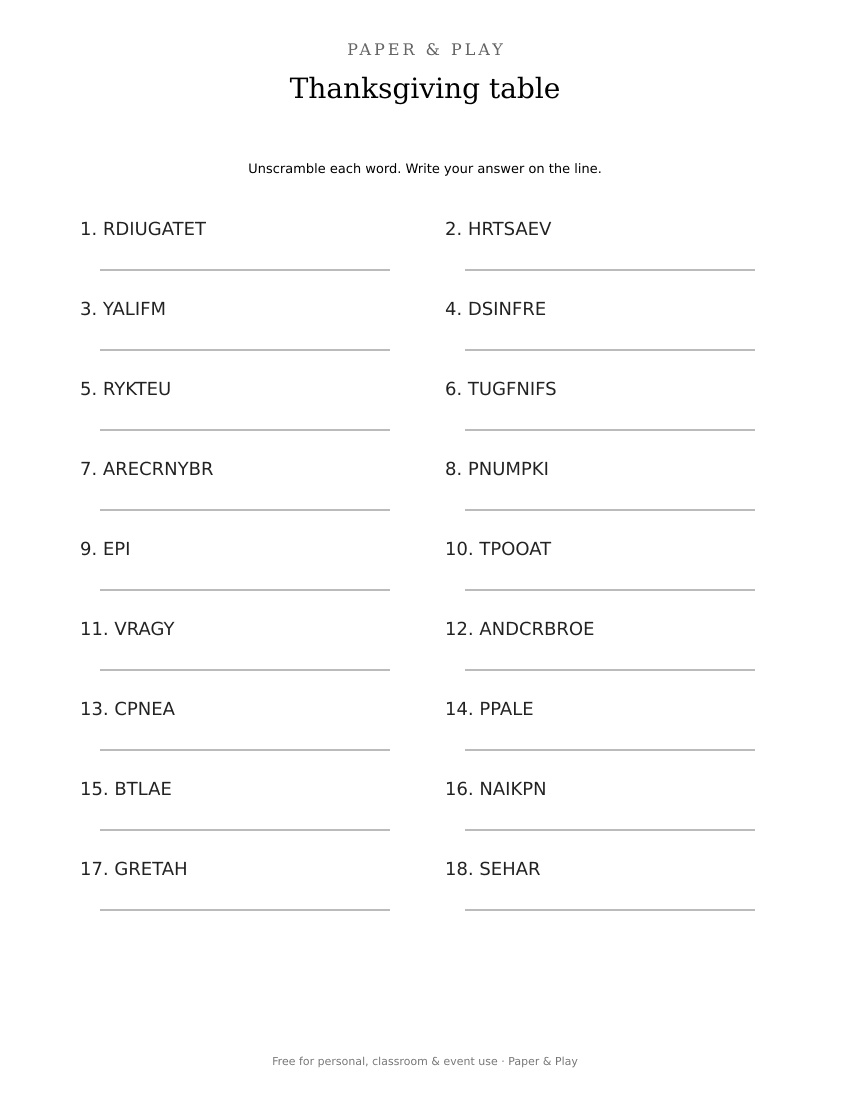 Thanksgiving table word scramble printable preview