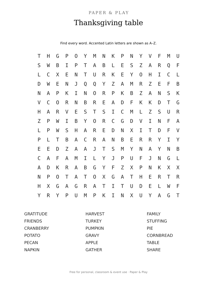 Thanksgiving table word search printable preview