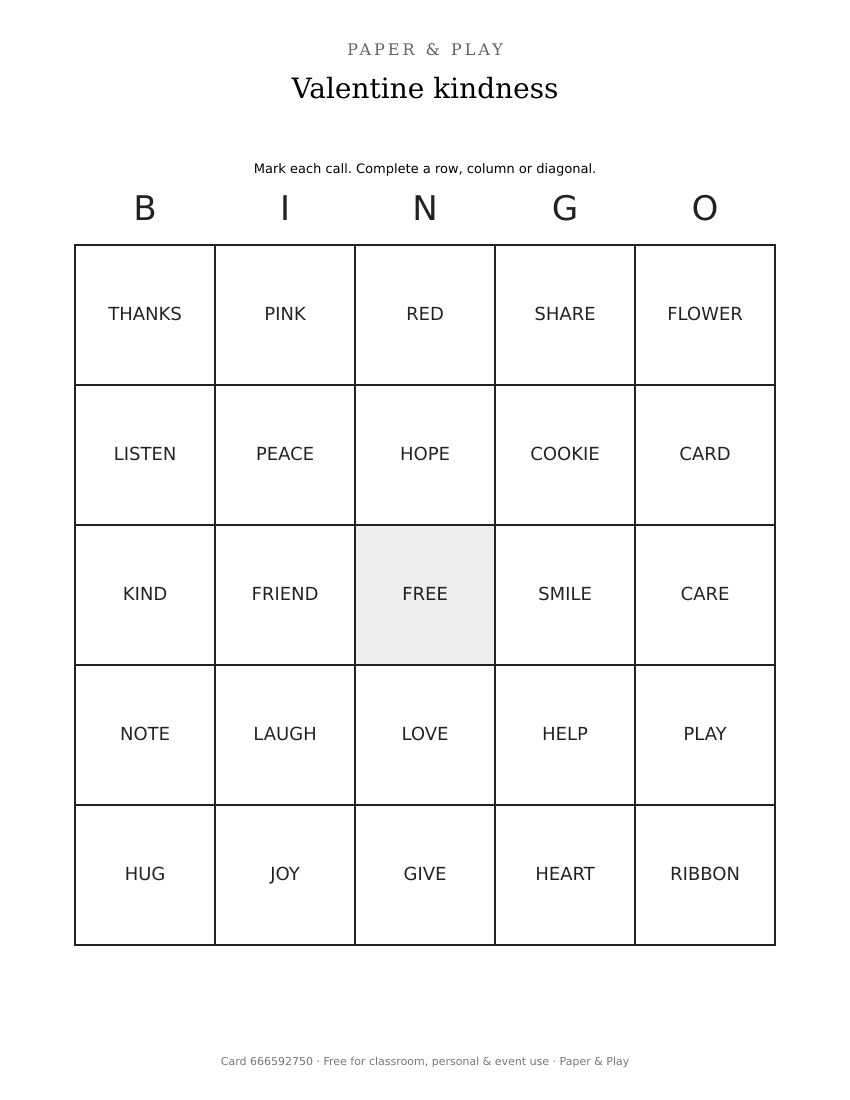 Valentine kindness bingo printable preview