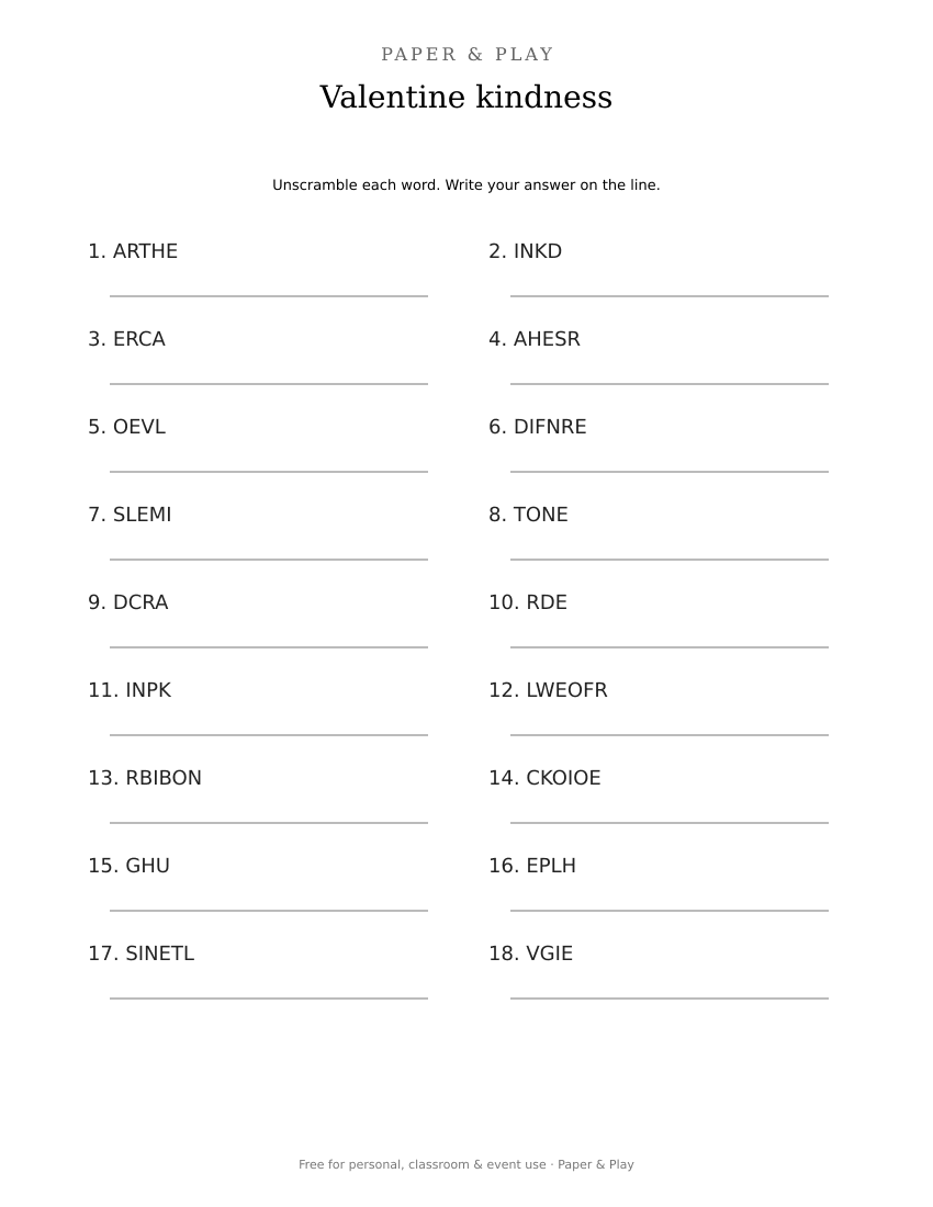 Valentine kindness word scramble printable preview