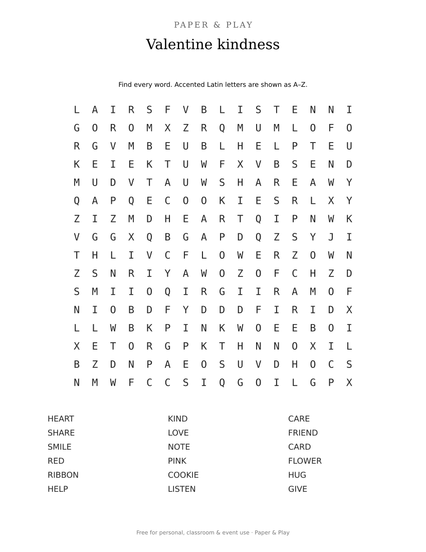 Valentine kindness word search printable preview