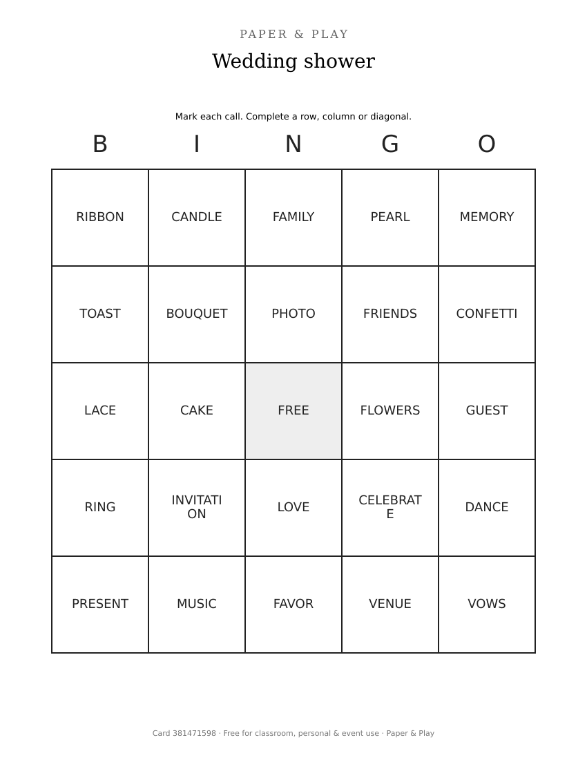 Wedding shower bingo printable preview