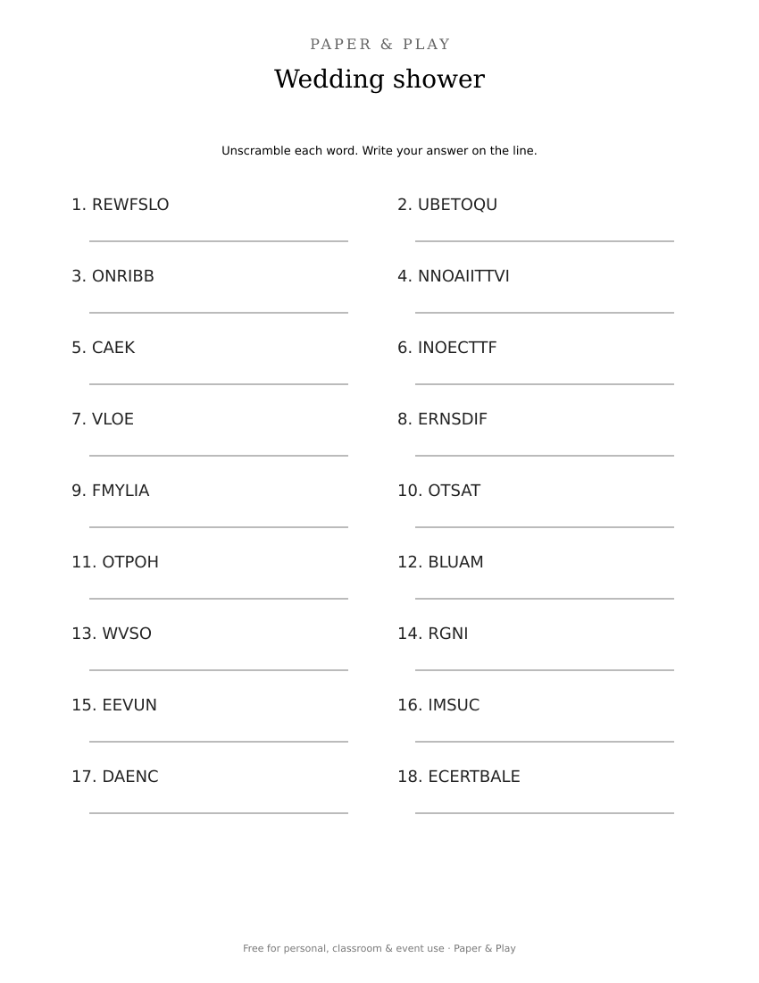 Wedding shower word scramble printable preview