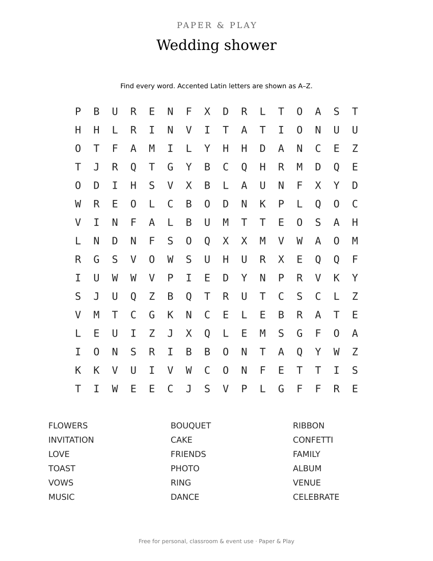 Wedding shower word search printable preview