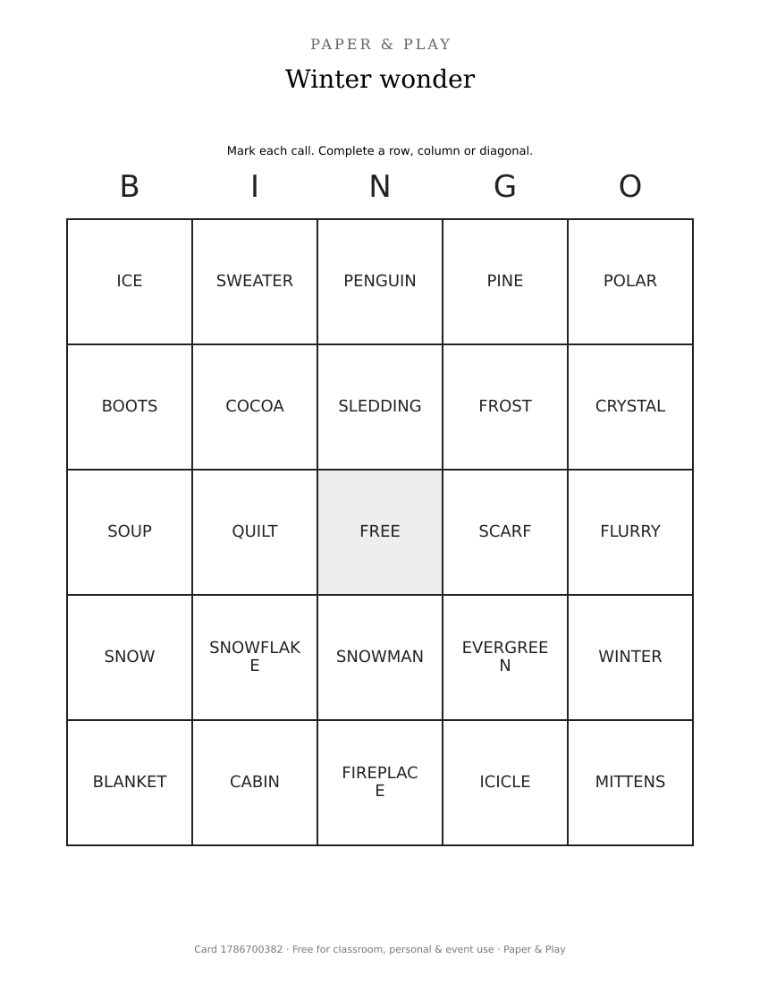 Winter wonder bingo printable preview