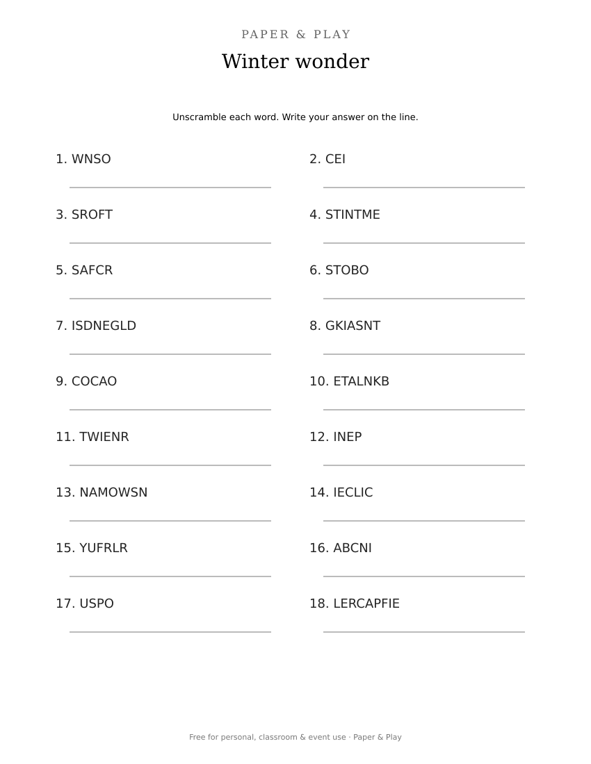 Winter wonder word scramble printable preview
