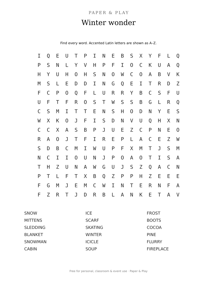 Winter wonder word search printable preview