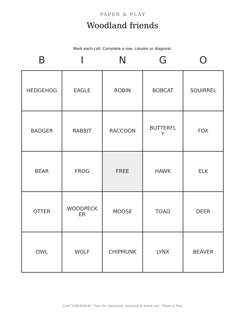 Woodland friends bingo printable preview