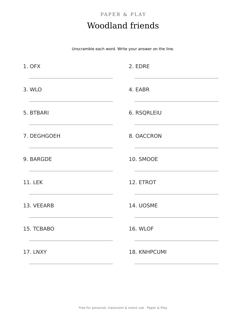 Woodland friends word scramble printable preview